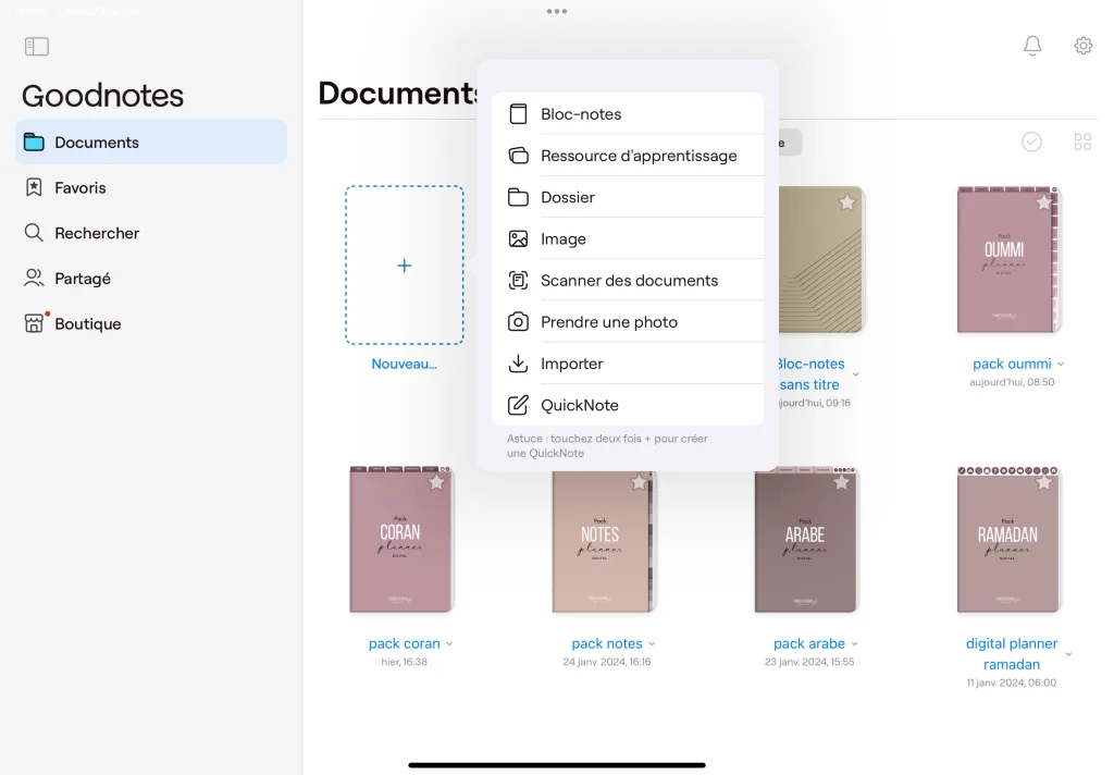 importer planner nouveau document goodnotes 6
