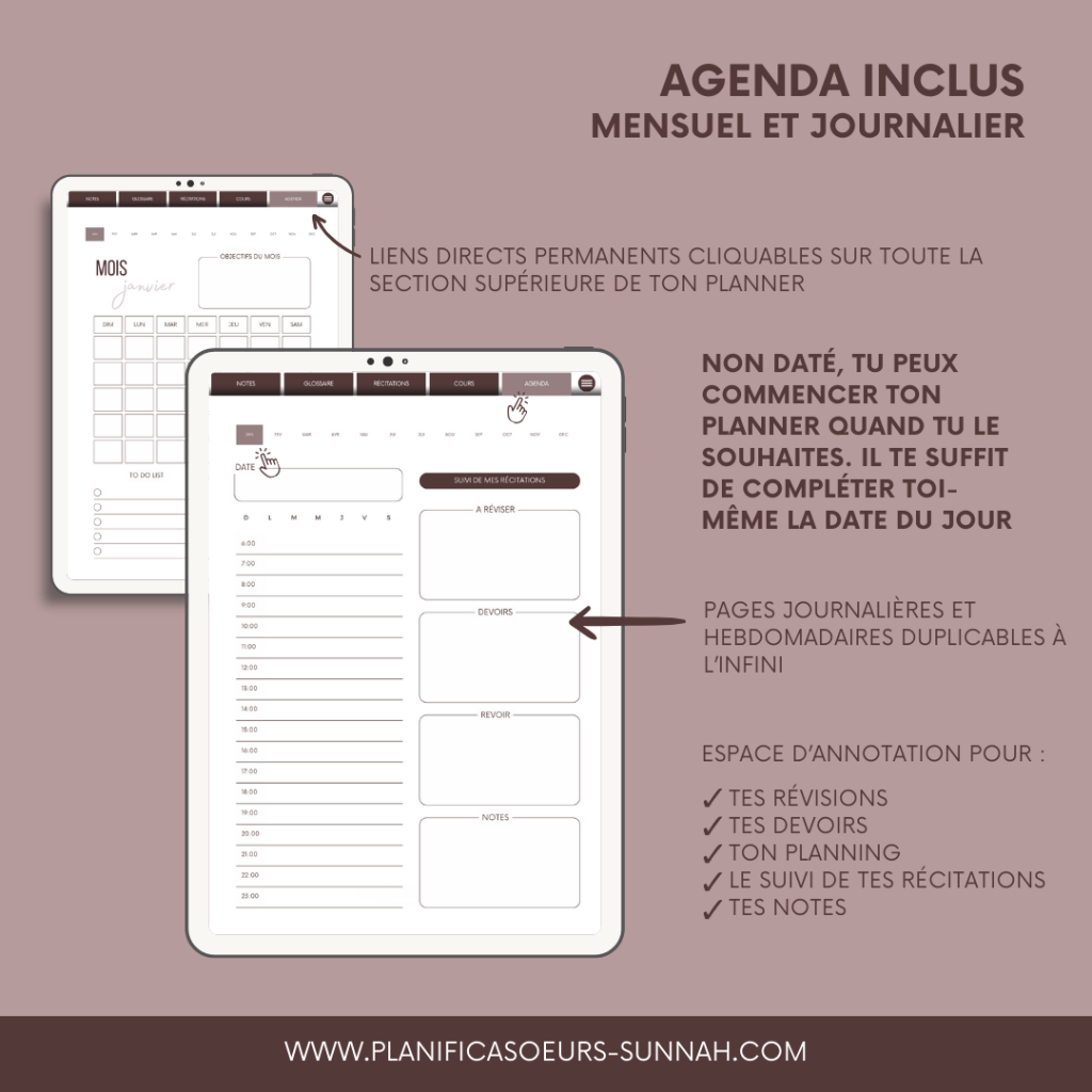 Planner digital français Planificasoeurs sunnah PLANIFICATEUR numérique muslim musulman religieux islamique coran coranique tajwid tajweed