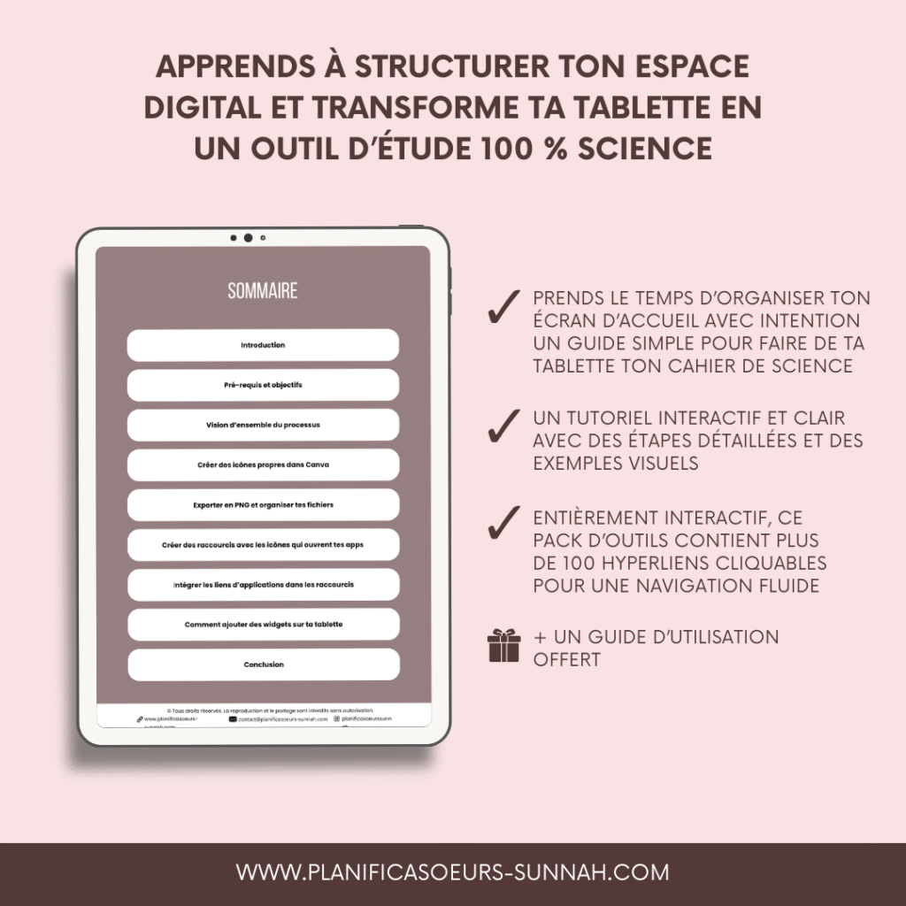 Planner digital français Planificasoeurs sunnah PLANIFICATEUR numérique muslim musulman religieux islamique 3ilm sciences religieuses étudiante musulmane tutoriel tablette aesthetic icones personnalisées gratuit tuto freebies ipad