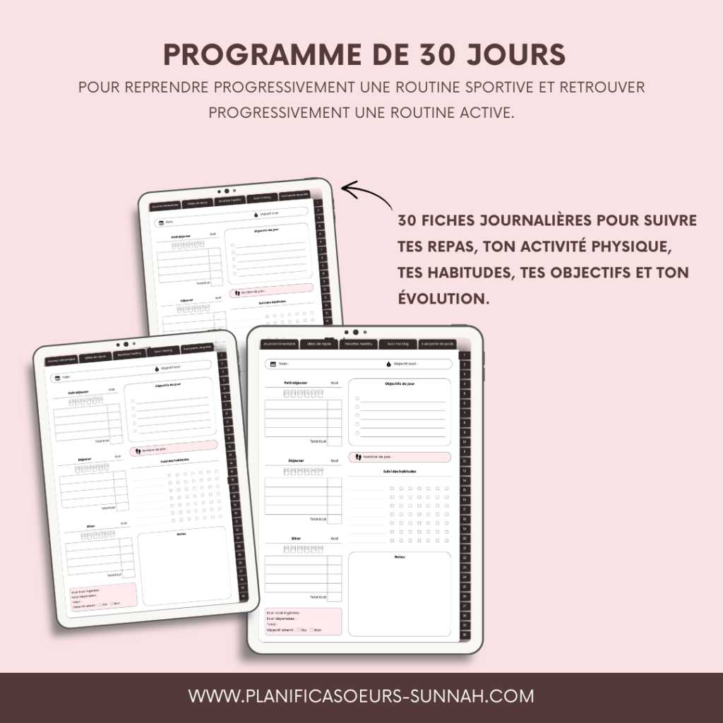 Planner Digital Planificasoeurs Sunnah planner numérique français francophone amanah santé bien-être sport régime recettes Heathy saines journal alimentaire